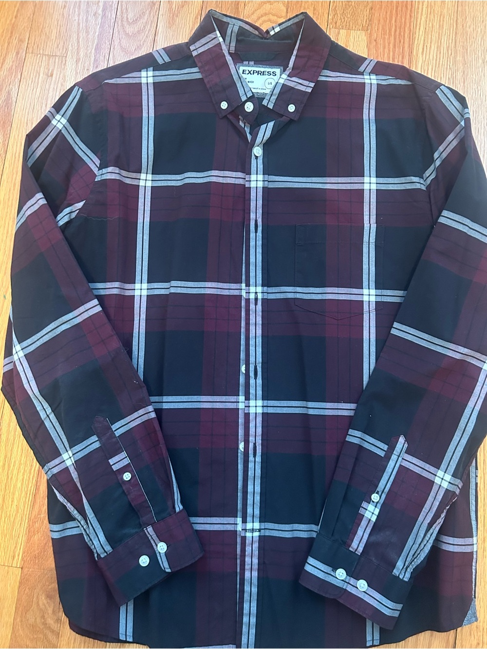 Express Men's Burgundy, Black and White Plaid Button-Down Shirt